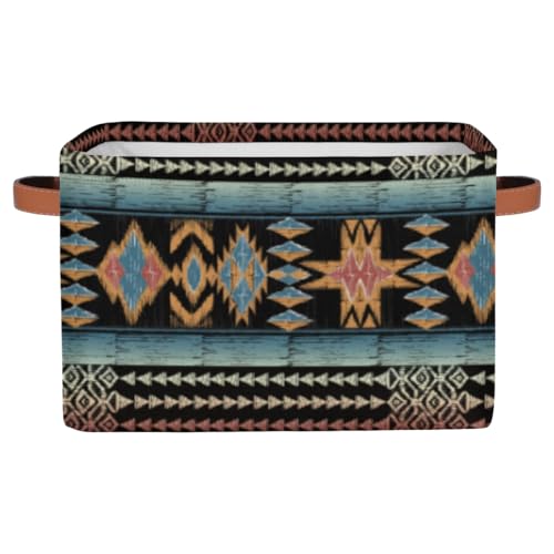 Image of Boho Style Brown Ethnic Painted Square Storage Basket, Fabric Storage Bin with Leather Handles Aztec Pattern Collapsible Storage Bin Nursery Hamper for Organizing Toys, Clothes, Books, Gift Baskets