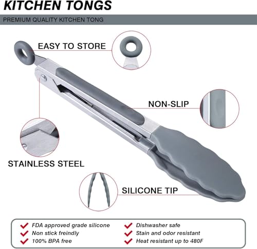 Image of Premium Steel and Siliconel Heat Resistant Kitchen Tongs for Cooking | Non Scratch Silicone Tip for Pans,Air Fryer,Barbeque, Serving | 10 inch - 230C Heat-Resistant (Pack of 01) (Grey)