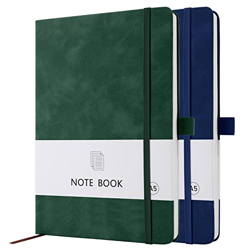 A5 Notebook, 2 Pack Notebook A5 200 Pages 100 GSM Journal Notebook Hardback Notepad with Bookmark, Pen Loop, and Elastic Closure (Blue+Green)