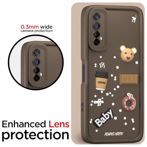 Image of Bintage Cute Fun Taddy Cartoon 3D Ball Milk Donut Coffee Cup Silicon Case Full Body & Camera Protection Back Cover Compatible for Realme Narzo 30 4G - Brown