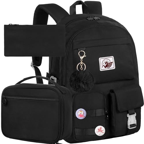 UFNDC Girls Backpack, 17" Water Resistant Aesthetic Bookbag, Black Cute Anti Theft School Bag for Women College Teenagers