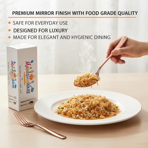 Image of Classic Rose Gold 16 Pcs Stainless Steel Cutlery Set for Dining Table, Dishwasher Safe Glossy Flatware (Perfect Spoon Fork Set)