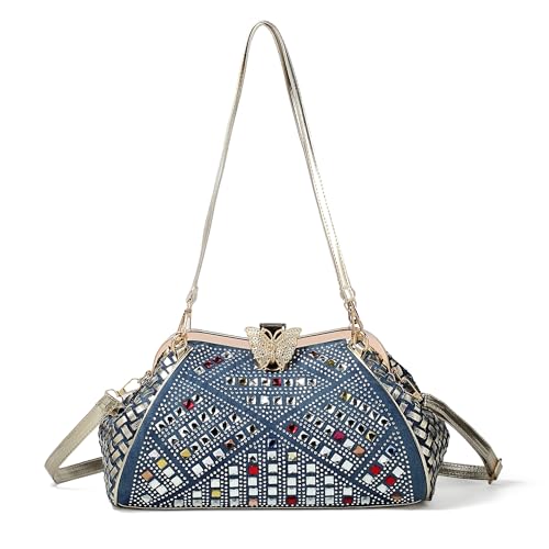 Bling Rhinestone Handbags for Women Woven Clutch Purses Jean Purse Crossbody Denim Evening Bag