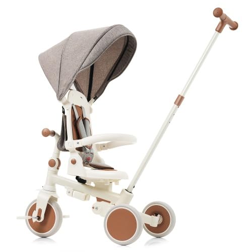 Baby Tricycle, Foldable Toddler Tricycle with Removable and Adjustable Parent Handle, Toddler Push Bike with Removable Pedal, Canopy, and Guardrail, Tricycle for 12-72 Months (Ivory)