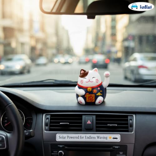 Image of FunBlast Maneki Neko Lucky Cat, Waving Arm Solar Powered Good Luck Wealth Welcoming Display Car Decor Paw Up with Arm, Decor Item for Home, Office and Car (Blue-)