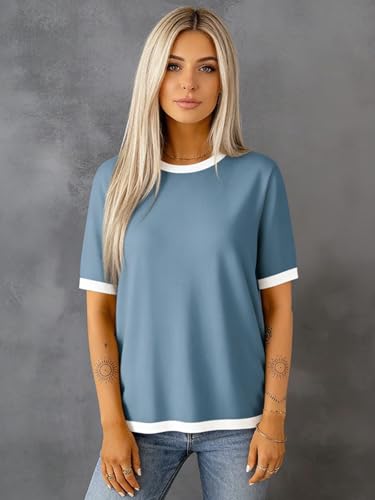 Image of Womens Short Sleeve Striped Color Block Crew Neck Sweater Shirt Lightweight Cotton Casual Summer Pullover Tops