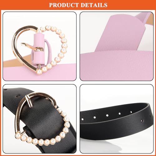Classic PU Leather Belts for Women, Ladies Artificial Pearl Embed Waist Strap Heart Pin Buckle Belt2
