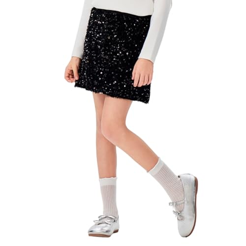 MIANZHI Girls Sparkly Sequin A Line Skirt Kids Elastics Waist Shiny Skirt with Built in Shorts for Party Birthday Black 9-10Y