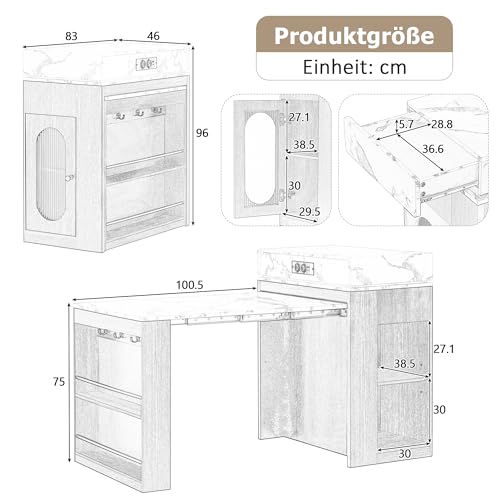 Juego de comedor para pisos pequeños con mesa extensible blanca y 2 sillas 6
