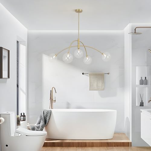Image of 5 Light Modern Brass Chandelier Fixture White Clear Globe Glass Shade Pendant Light Gold Kitchen Ceiling Large Chandelier for Dining Room Kitchen Bedroom