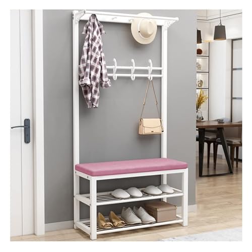 Meuble d'entrée 4 en 1 rose de 80 cm comprenant porte-manteau métal et un banc à chaussures