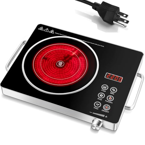 DRINTON Electric Cooktop Hot Plate, 2200W 110V Electric Single Burner with 2H Timer, Adjustable Temperature for Countertop Cooking, Portable Stove Top Infrared Cooker, Compatible for All Cookwares