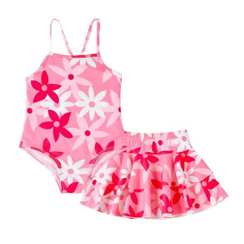 Image of DREAM BUS Toddler Girls One Piece Criss-Cross Straps Swimsuits with Tiered Ruffle Skirt Girls Bathing Suit Summer Swimwear
