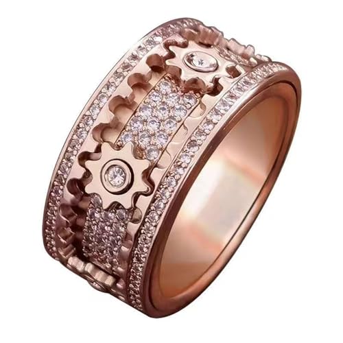 NZLTQO Diamond Ornate Geometric 3D Band Ring,Pure Handmade Gear Spinning Full Diamond Starry Ring,For Women Men Teens,Diamond Ring with Moving Gears Mechanical Decompression Anxiety (Rose gold-A, 9)