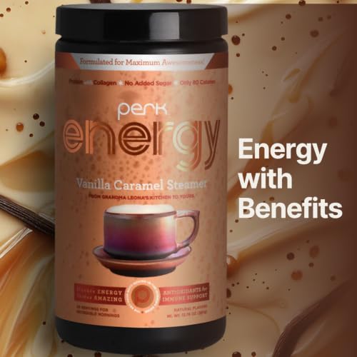 Image of Perk Energy Drink Mix (Vanilla Caramel Steamer) 20 Servings - Caffeinated Healthy Coffee Alternative with Protein, 100mg of Caffeine, Gluten-Free, Soy-Free, Peanut-Free