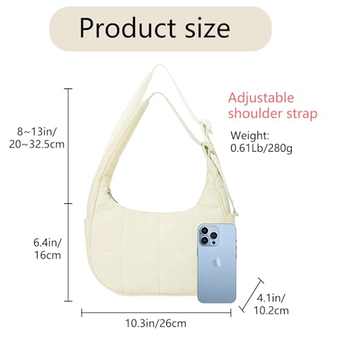 Image of Small Puffer Bag, Crescent Shoulder Bag for Women,Nylon Quilted Tote Handbags with Adjustable Strap (Beige)