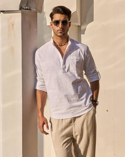 J.VER Men's Linen Roll Up Long Sleeve Shirt Cotton Casual Beach Shirts Henley T-Shirt Band Collar Vacation Tops with Pocket3