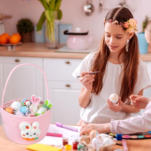 Image of DERAYEE Easter Basket with Handle, Cute Bunny Carrot Basket Easter Egg Hunts Gift Baskets for Easter Party Favors Candy Gifts Storage (Pink)