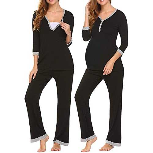 Ensemble De Pyjama d'allaitement De Maternité pour Femmes, Chemise De Nuit en Coton À Manches Longues Et Col en V, Vêtements De Nuit d'allaitement pour L'hôpital,Noir,S Cover