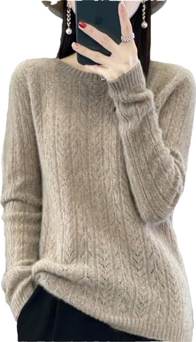 Zozogag Primavera Otoño Mujer 100% Suéter De Lana Merino Cuello Redondo Patrón De Oreja De Trigo Jersey Calado Casual Tejido Parte Inferior Suave Top khaki9 M(47.5-55kg)