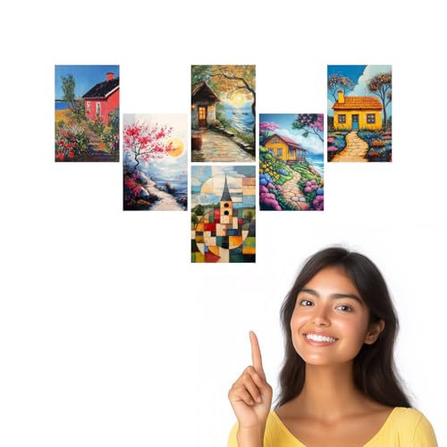 Image of SiddArtify Coastal Cottage Wall Art Poster Print Set - Scenic Landscape Art for Living Room Bedroom Office Decor - Set of 2-4x6 Inch - Board (Pack of 6) - Sticker (Pack of 6)