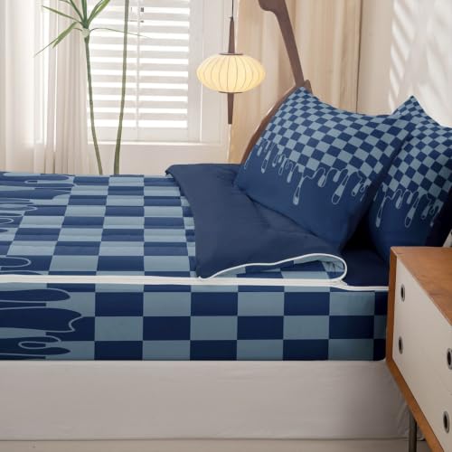Image of Gingham Navy Blue Checkered Zipper Bedding Full SizeCheckerboard Drip Zip Up Bedding Set for Teens Adults,Y2K Aesthetic Trendy Modern Geometric Bed in a Bag Grid Plaid Comforter with Fitted Sheet