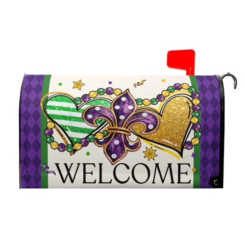 Image of Mardi Gras Plaid Mailbox Covers Magnetic Mardi Gras Purple and Green Fleur De Lis Mailbox Cover Standard Size 18 X 21 Inch Spring Welcome Wrap Post Letter Box Decorative for Outdoor Home Garden Yard
