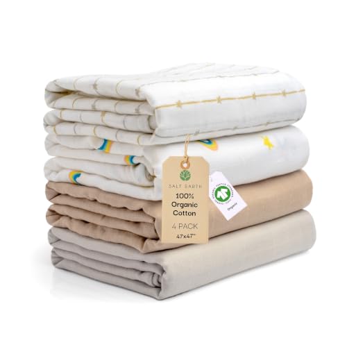 Image of Salt Earth GOTS Certified 100% Organic Cotton 2-Layered Swaddle Baby Blanket, 4 Pack, 47 inchx47 inch Receiving Blankets for Swaddling, Wrap for Boy & Girl, Newborn Baby Essentials, Registry(Solids & Rainbow)