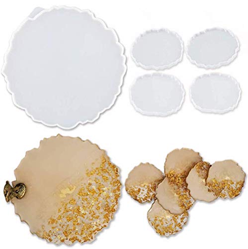 ResinWorld Silicone Resin Molds, 1 Pcs Large Resin Tray Mold + 4 Pack Geode Agate Coaster Molds, Geode Tray Molds, Tray and Coaster Geode Epoxy Molds Set 5 Pack