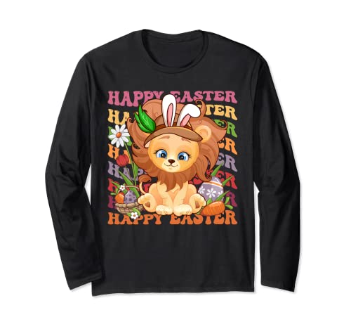 Happy Easter Bunny Groovy Lion Gifts Easter Egg Hunting Manga Larga