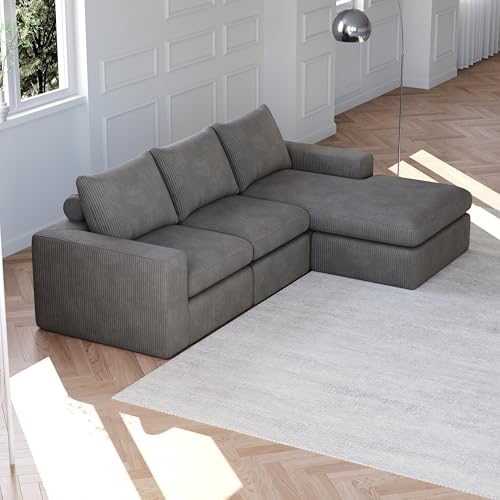 HAINEW Sofá esquinero moderno de 3 plazas en forma de L para salón, apartamento, 251 × 160 × 81 cm, material de pana, sin marco, no requiere instalación (gris oscuro)