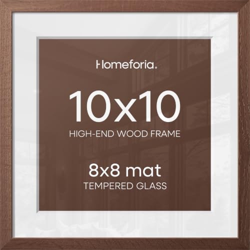 Image of Homeforia 10x10 Picture Frame Brown, High-End Dark Oak 10 x 10 Square Brown Wood Frames with Mat 8 by 8 Photo, 10by10 Wooden Walnut Poster Frame Matted to 8x8 Print, Tempered Glass, Wall Kit, Set of 2