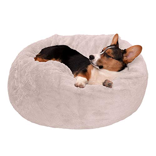 Furhaven Soft & Cozy Dog Bed for Medium/Small Dogs, Refillable w/ Removable Washable Cover & Liner, For Dogs Up to 35 lbs - Plush Faux Fur Bean Bag Style Ball Bed - Shell...