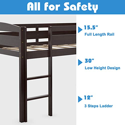 Costzon Twin Loft Bed, Solid Wood Low Loft Bed W/Guard Rail And Ladder, Boys & Girls Twin Bed For Kids Room, No Box Spring Needed, Classic Children Low Loft Bed With Storage For Bedroom, Espresso #TOP4