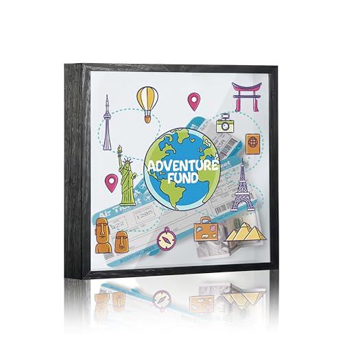 Image of Travel Fund Box, 8×8 Adventure Fund Shadow Box Frame with Slot, Piggy Bank Money Saving Decoration for Graduation Baby Shower Wedding, Colorful Globle World Memory Keepsake Gift -A10