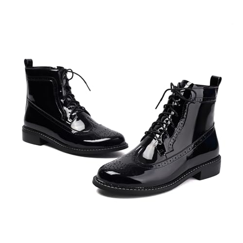 Women's Patent Leather Wingtip Brogue Combat Boots - Chunky Low Heel Lace-Up Oxford Boots Round Toe Hollow Out Design Comfortable Fashion Footwear4