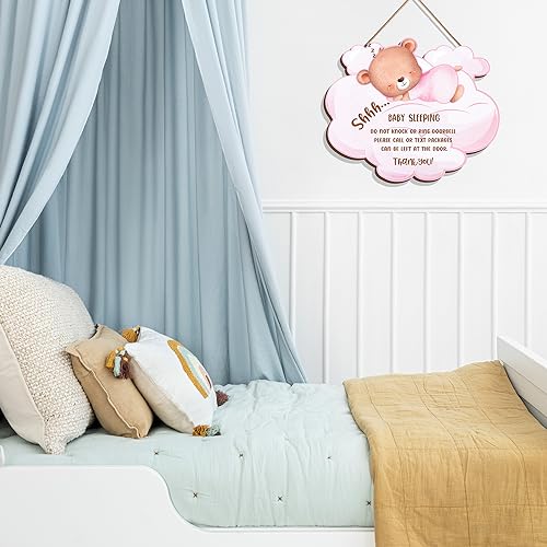 Image of Baby is Sleeping Wooden Hanging Door Sign, Funny Front Door Do Not Ring Doorbell Decorations Hanging Sign, Baby Sleeping Door Sign for Room Front Door Nursery Bedroo