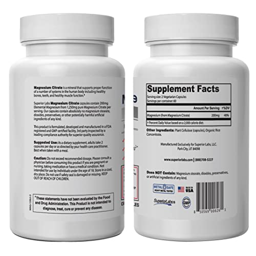 Superior Labs Magnesium Citrate - 100% Nongmo Safe From Additives, Stearates, Gluten And Other Allergens - Powerful Dose For Sleep, Cramps, Twitches - 1,250Mg Citrate, 120 Vegetable Caps #TOP1