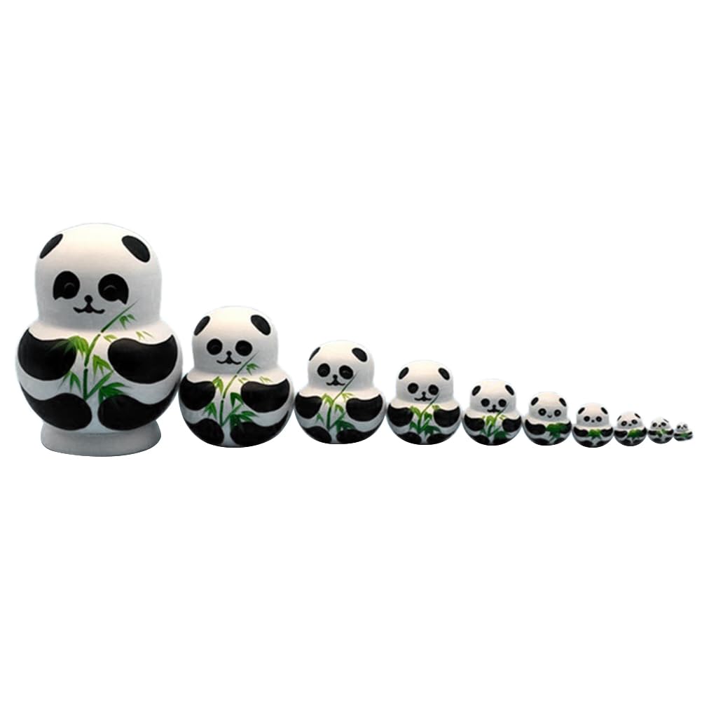 10 Pièces Ensemble Mignon Panda Peint Poupées Russes en Bois Poupées Gigognes Ensemble Artisanat Fait à la Main Cadeaux de Noël pour Enfants Famille Décor à la Maison Jaun (Noir, Blanc)