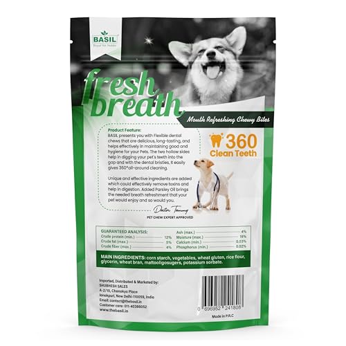 Image of Basil Fresh Breath Mouth Refreshing Chewy Bites 360 Dental Chews for All Dogs Flexible Dental Bone - 90 Grams