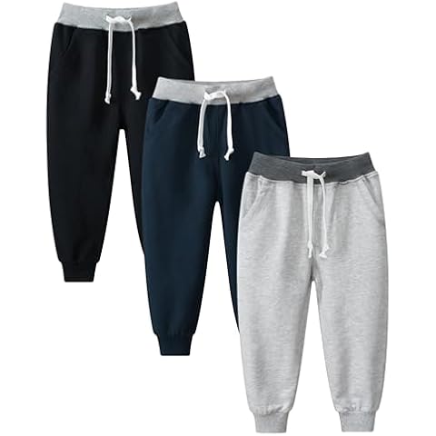 GFQLONG 3 Pack Toddler Boys Cotton Sweatpants Active Jogger Pants Kids Casual Pants with Pocket Drawstring, Black+Grey+Navy Blue 2-3T Cover