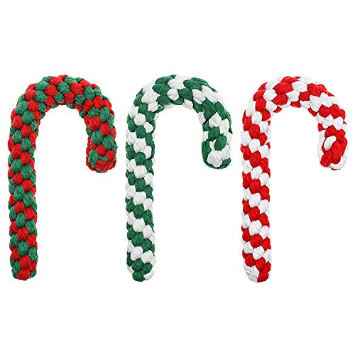 Malier Christmas Dog Rope Toy, Christmas Classic Elements Indestructible Interactive Dog Toys, Durable Tough Chew Crutch Shape Rope Toys for Small Medium Puppy Dogs (3)