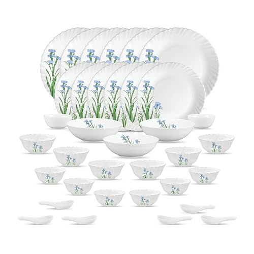 Image of La Opala Opal Glass Crockery | for Family of 6 | Dinner Set 35 pcs Blue Florets | Plates & Bowls for Dining | Microwave Safe | 100% Vegetarian | Extra Strong | Extra Light & White