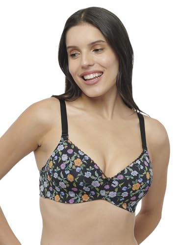 Image of Triumph Midnight Garden Bra for Women Padded Non Wired Seamless Bra Floral Printed T-Shirt Bra Wireless Full Coverage Lingerie Detachable Silky Straps with Elegant Lace Trim Pack of 1