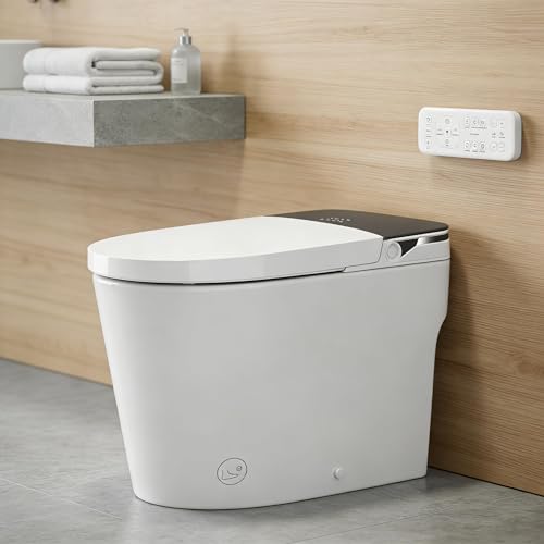 Inodoro inteligente ADA con bidé, tapa automática apertura/cierre, descarga automática, asiento calefactable, agua tibia instantánea, secador de aire cálido, sensor de pie, control remoto miniatura 1