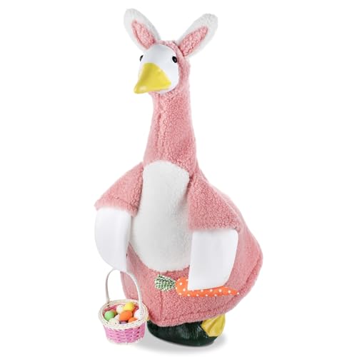 OBUSATT Easter Bunny Porch Goose Outfits Pink Bunny Plastic Cement Statue Clothes Set Colorful Eggs Carrot Basket Easter Porch Goose Costume for 23 Geese Spring Outdoor Yard Garden Patio Lawn Decor