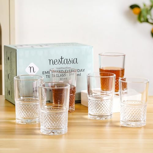Image of Nestasia Transparent Small Glass Tumblers Set of 6 (190 ml Each) - 100% Food Safe & Chip Resistant Diamond Textured Glasses - Ideal for Water, Tea, Coffee & Refreshments - Perfect for Gifting