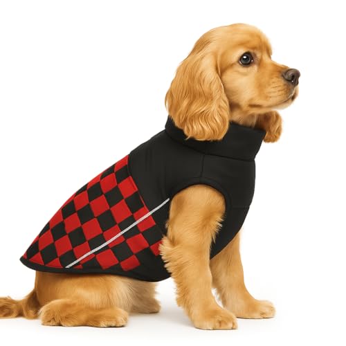 Image of The Pets Company Dog Winter Coat Jacket, Clothes, Windproof, Waterproof, Light Weight, Washable, Ultra Warm Thick Fleece Lined Dog Vest for Cold Weather Protection, (Red Check, Medium - 18 Inch)