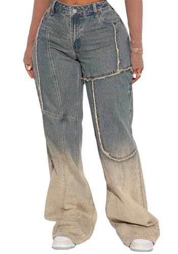 Famnbro Womens Straight Wide Leg Gradient Jeans High Waisted Denim Pants Baggy Trendy Jeans