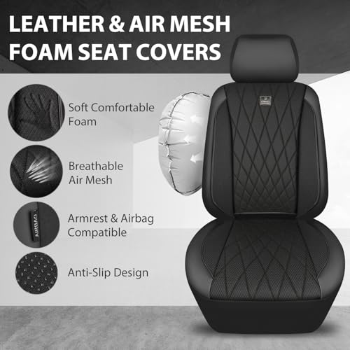 Image of CAR PASS Thick Foam 3D Air Mesh Leather Car Seat Covers Front Seats Only, Luxury Breathable Premuim PU Leather Two Front Seat Covers,Airbag Compatible Universal Fit for 95% Sedan Van Truck SUV, Black